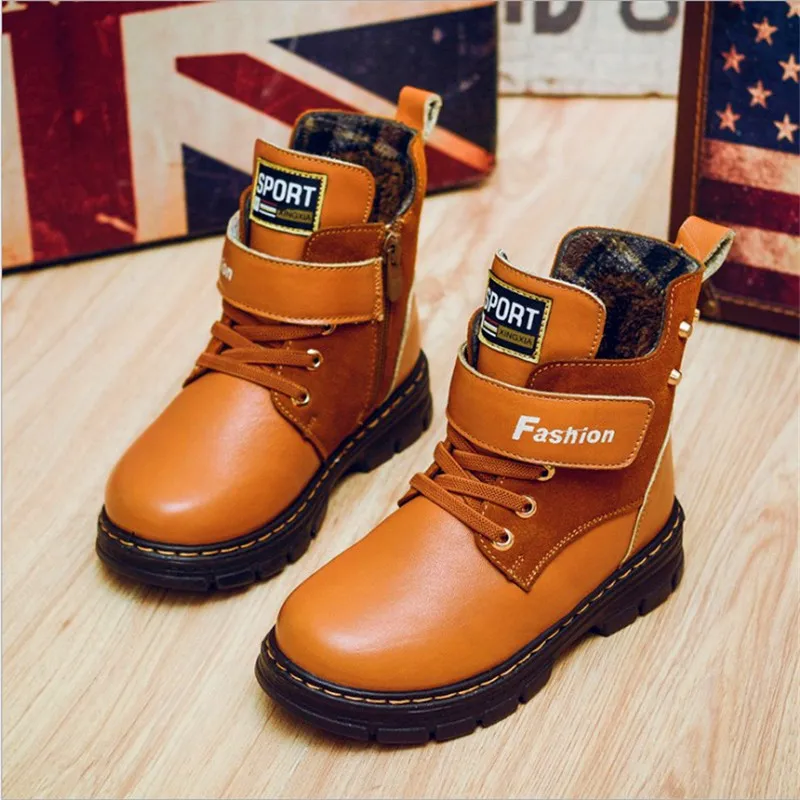 New Children Boots Autumn Winter Genuine Leather School Boy Shoes Fashion Snow Plush Warm Waterproof Kids High-top | Мать и ребенок
