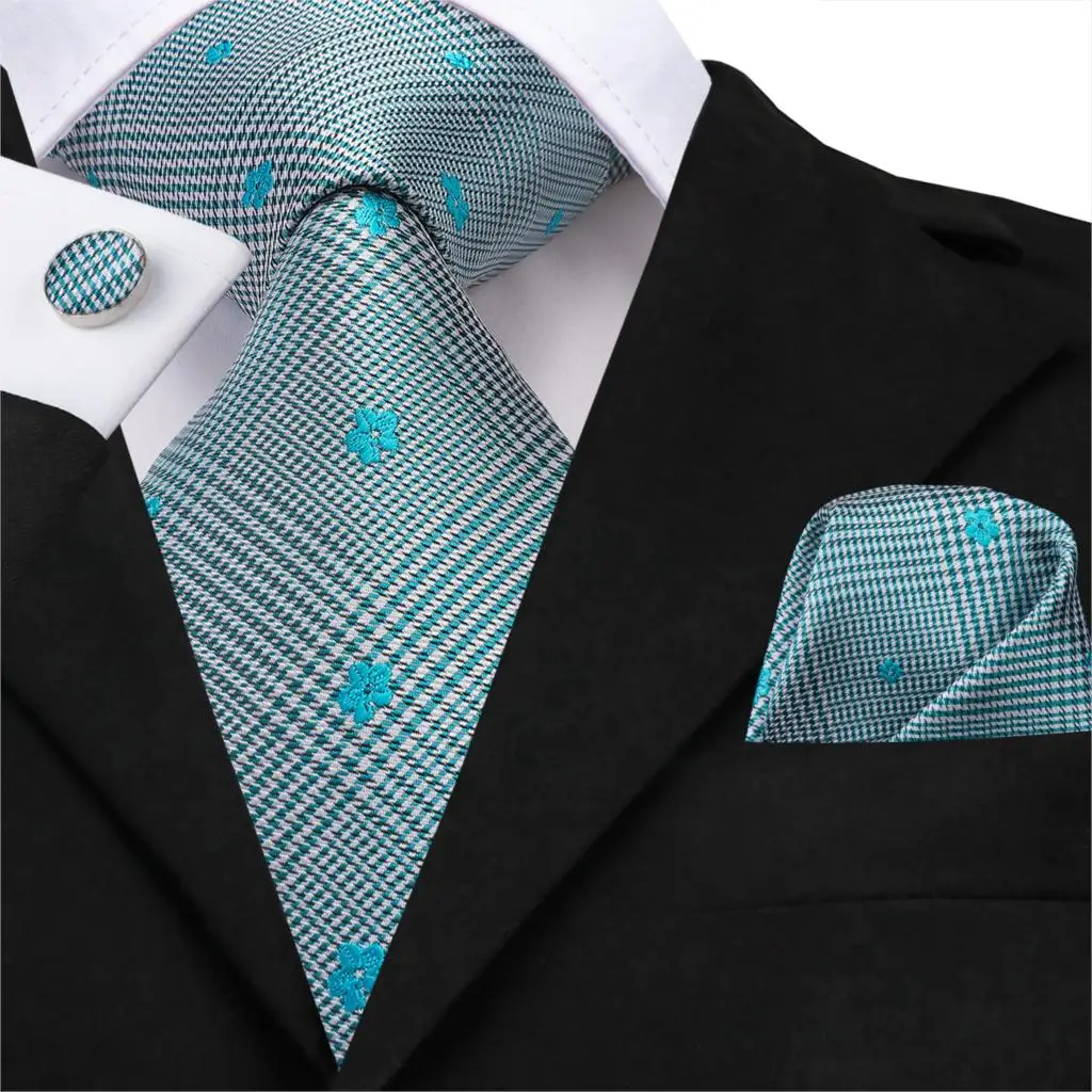 Hi-Tie Men Tie Silk New Plaid Ties for Blue Floral Neckties Hanky Cufflinks Set Men's Male Wedding Party Gravatas SN-3215 | Аксессуары