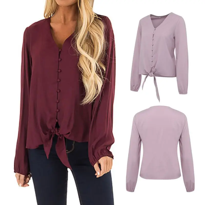 

Spring Summer Women Blouses & Shirts Sweet Long Sleeved Solid Color Strap Loose Bottoming Blouse