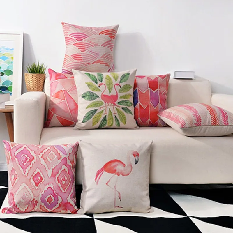 Animal Style Flamingo Cushion Cover Feather Drawing Geometry Cotton Linen Throw Pillow Case Birds Covers Couple Gifts | Дом и сад