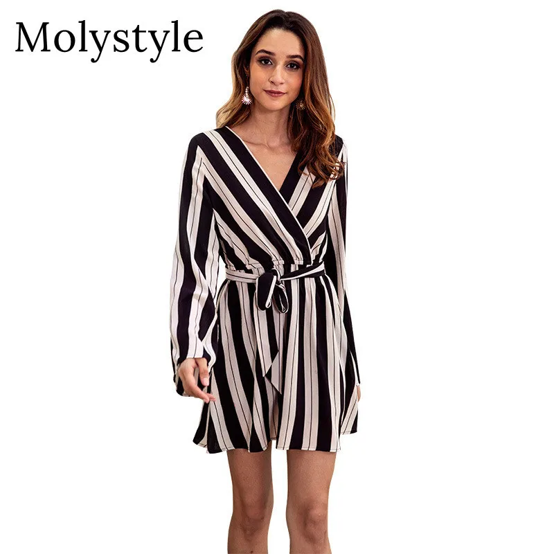 MolyStyle Осень Новый сексуальный v образным вырезом платье в полоску Для женщин 2018