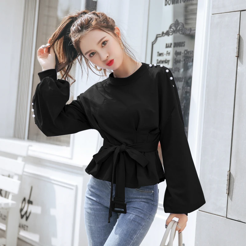Vintage O-neck Pearl Sexy Blouse Shirt Sashes Lantern Sleeve Slim Waist Women Blouses 2018 Autumn Ruffles Blusas Female |