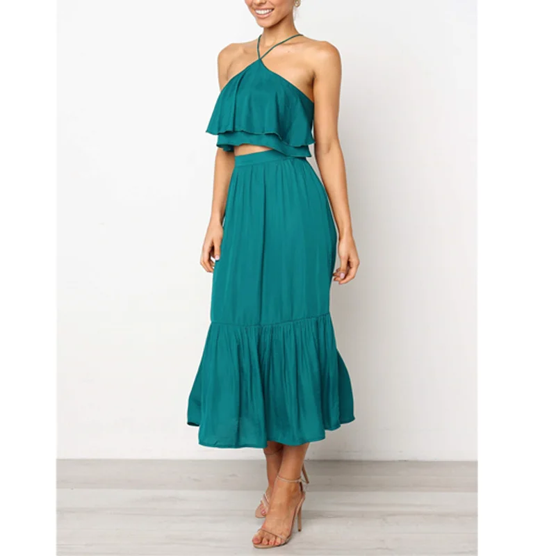 Женское длинное платье Lossky черное/зеленое Плиссированное Платье комбинезон с