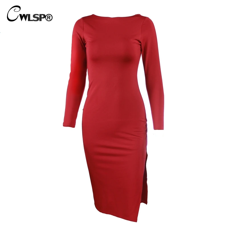 

CWLSP 2018 Autumn Sexy Skinny Backless Women Dress Elegant Party Dress Full Sleeve Side Split Long Dress Female Clothes QZ3145