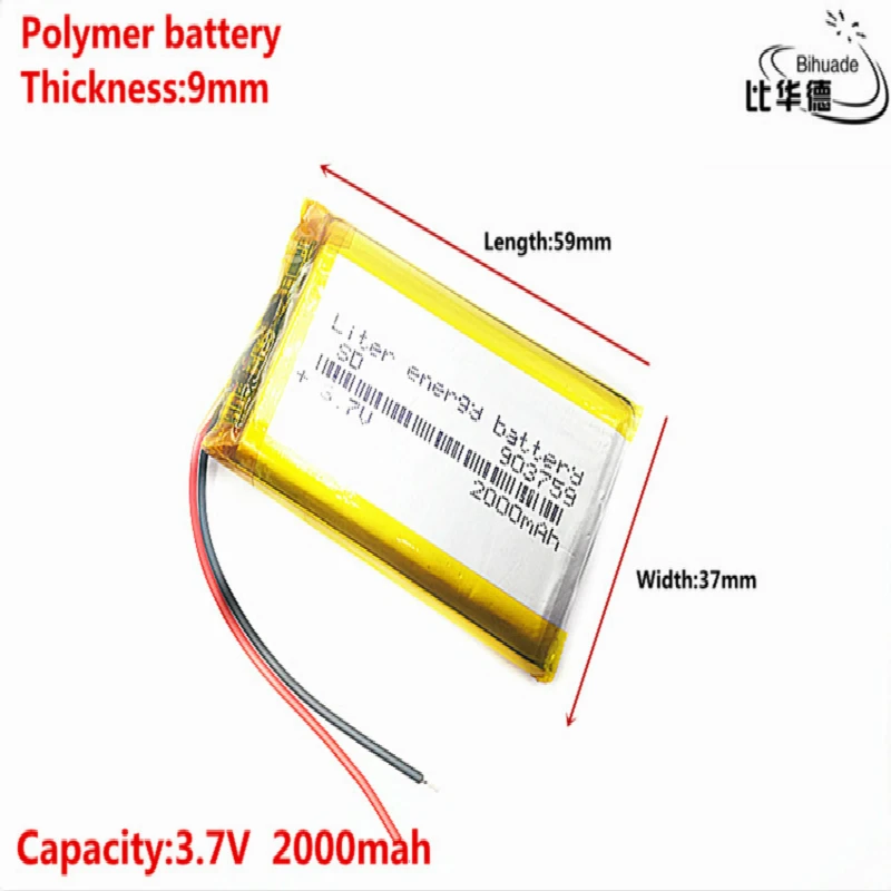 

Литий-ионный полимерный аккумулятор хорошего качества 3,7 В, 2000 мА · ч, 903759, для планшетных ПК, банка, GPS,mp3,mp4