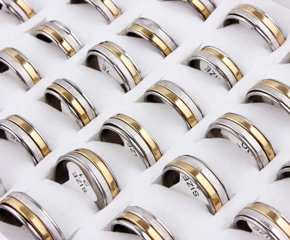 Phoebus Wholesale Lots 20pcs boutique men's stainless steel Gold rotatable ring finger tide personality Mens turn rings | Украшения и