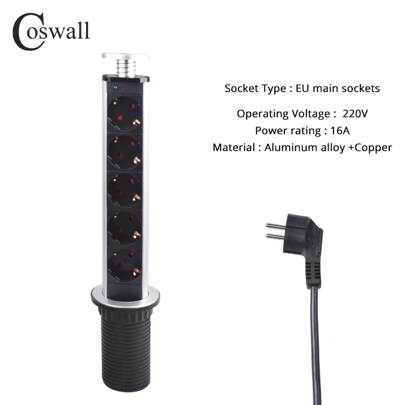 COSWALL 16A PULL POP UP 5 розеток питания, кухонные настольные розетки, выдвижная столешница, европейская розетка с защитным замком от детей