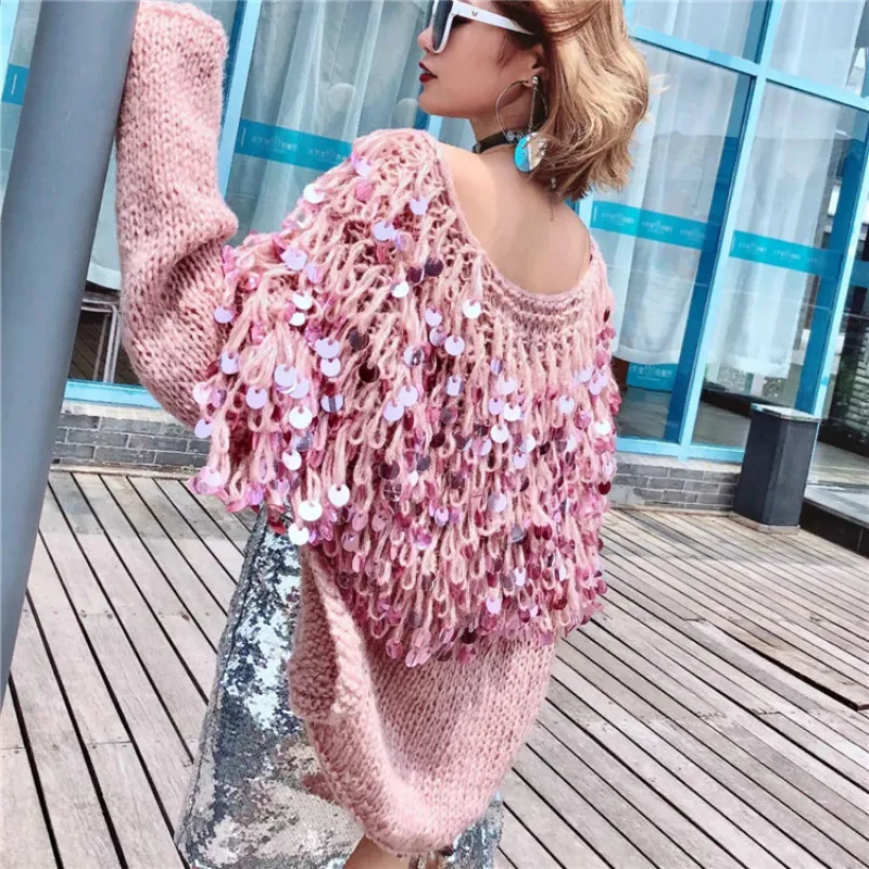 Hand Knitted Beading Cardigan Women Fringed Sweater Loose 3D Sequined Tassels Coat Hollow Wool Circles Jacket Tops |