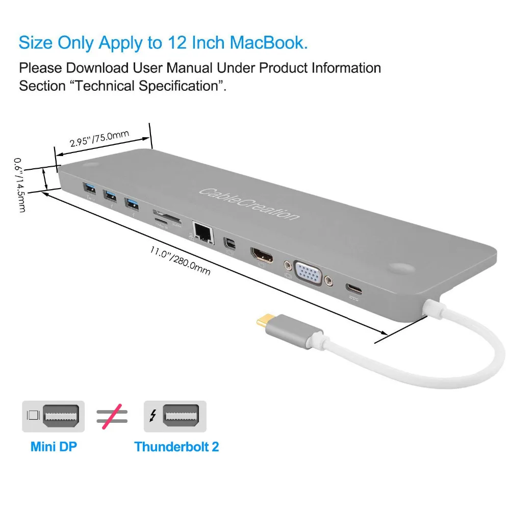 Многопортовый адаптер типа C 4K Совместимость с кабелем Thunderbolt 3 USB к 0/HDMI/VGA/Mini