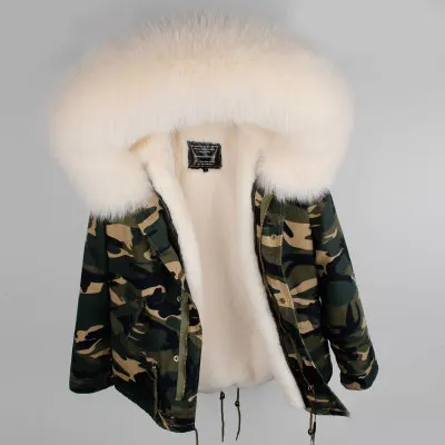 short camo beige fur Новинка, Брендовое меховое пальто, парка, зимняя куртка, пальто, женская парка, настоящий большой воротник из лисьего меха, с капюшоном, с искусственным мехом, длинная верхняя одежда - Цвет: short camo beige fur