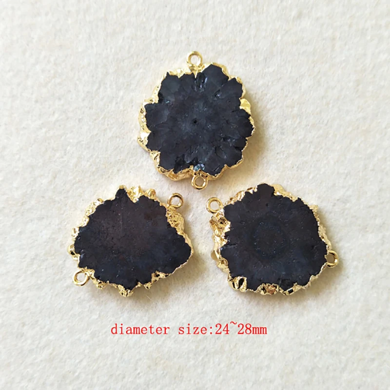 

5pcs Natural black Agate geode Connector Double Bail Sun Flower Solar Quartz Drusy For DIY Making Bracelet necklace Jewelry C14