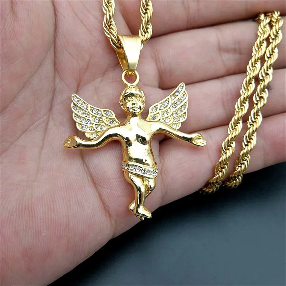 

Stainless Steel Angel Pendant Necklace Male Gold Color Iced Out Wings Necklaces For Men Hip Hop Bling Jewelry