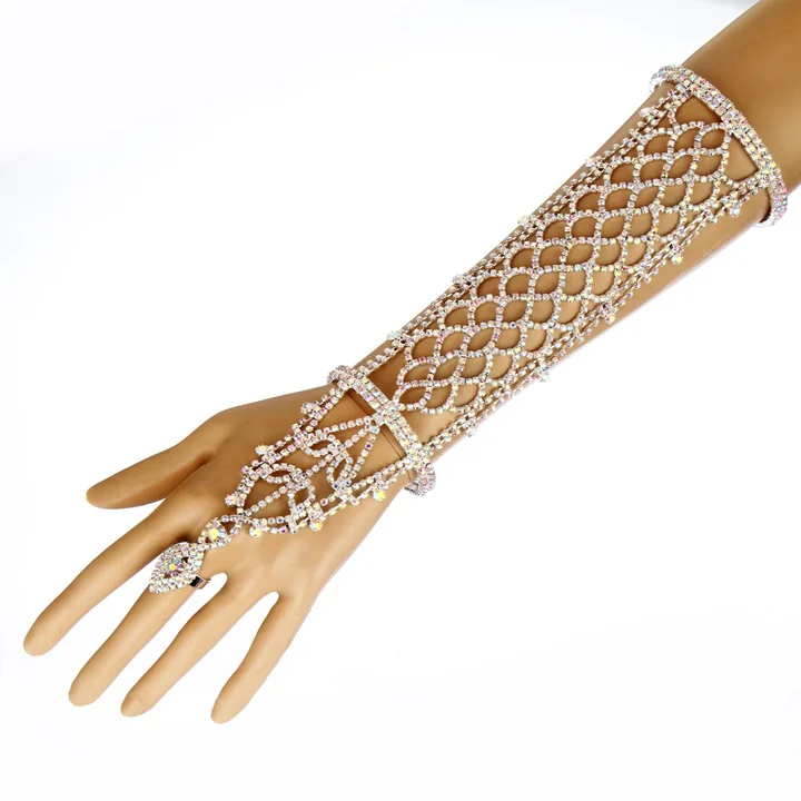 Женский браслет со стразами с кольцом цепочкой на запястье для свадебных