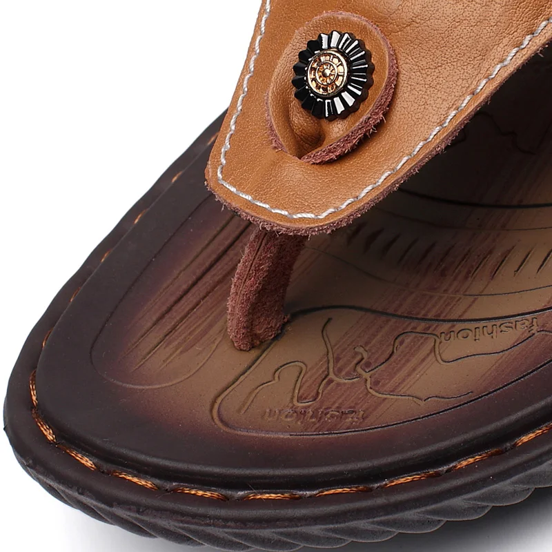 

YEINSHAARS Brand Men's Luxury Flip Flops 2019 Genuine Leather Slippers Summer Beach Shoes For Men Fashion Outdoor Sandals Male