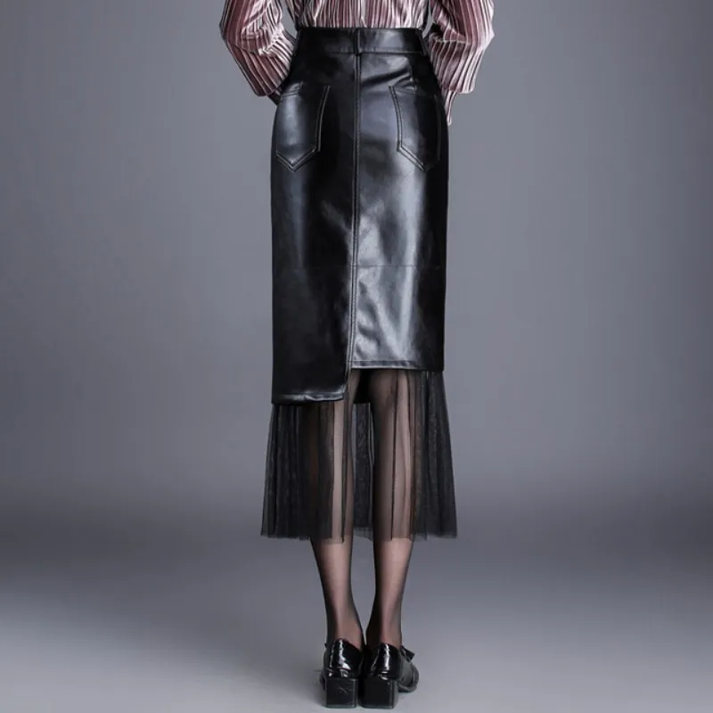 

Women Mid Long PU Leather Skirts Slim Plus Size Patchwork Black Office Lady Skirts Female Fashion High Waist Spring Clothes New