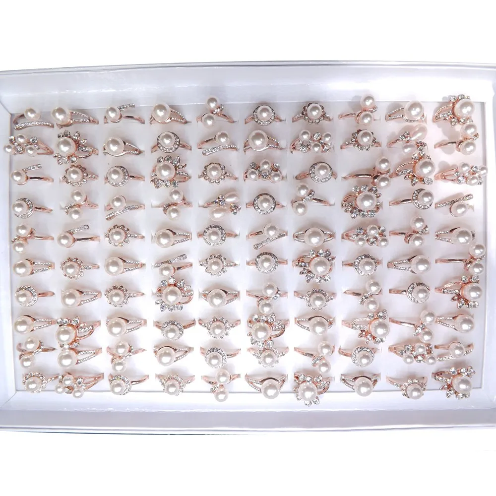 Романтическая роза цвет золотистый кольца с искусственным жемчугом кристаллом