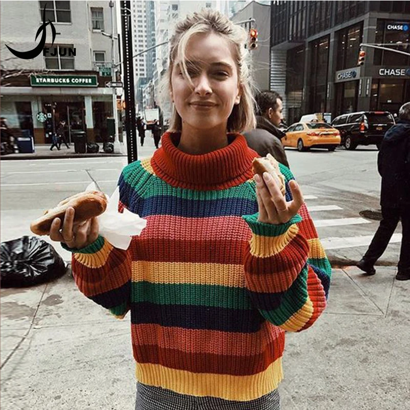 FJUN Winter Rainbow turtleneck sweaters women 2018 jumpers knitted clothes fashion colorful striped one size pullover female top | Женская