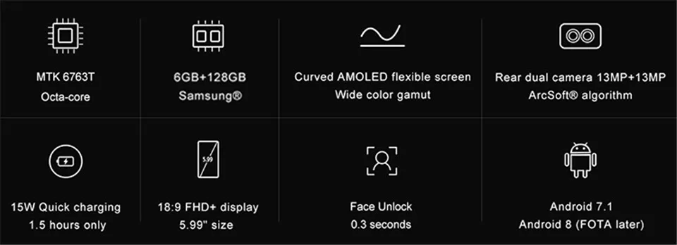 Elephone U ram 6 ГБ rom 128G мобильный телефон с функцией распознавания лица Android 7,1 MT6763 Восьмиядерный 5,9" 13 МП Двойная Задняя камера 4G LTE смартфон