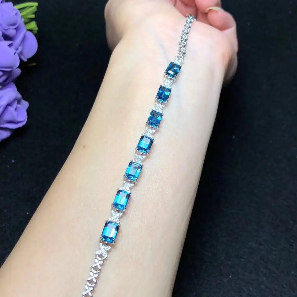 fine jewelry 925 pure silver with natural blue square topaz bracelet jewelry 2018 hot sale