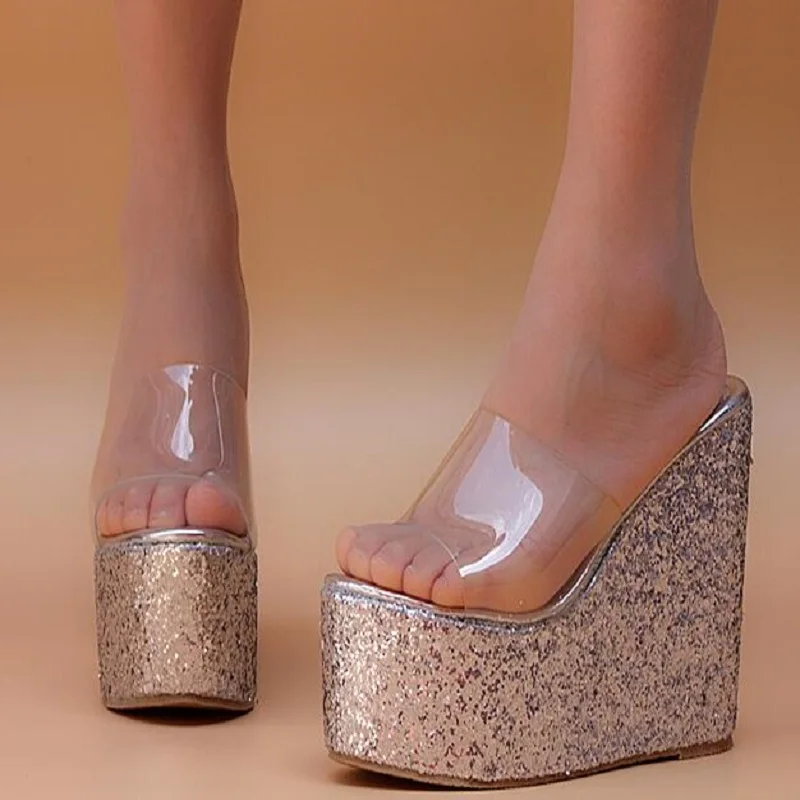 Новинка Женские летние прозрачные туфли на танкетке с открытым носком