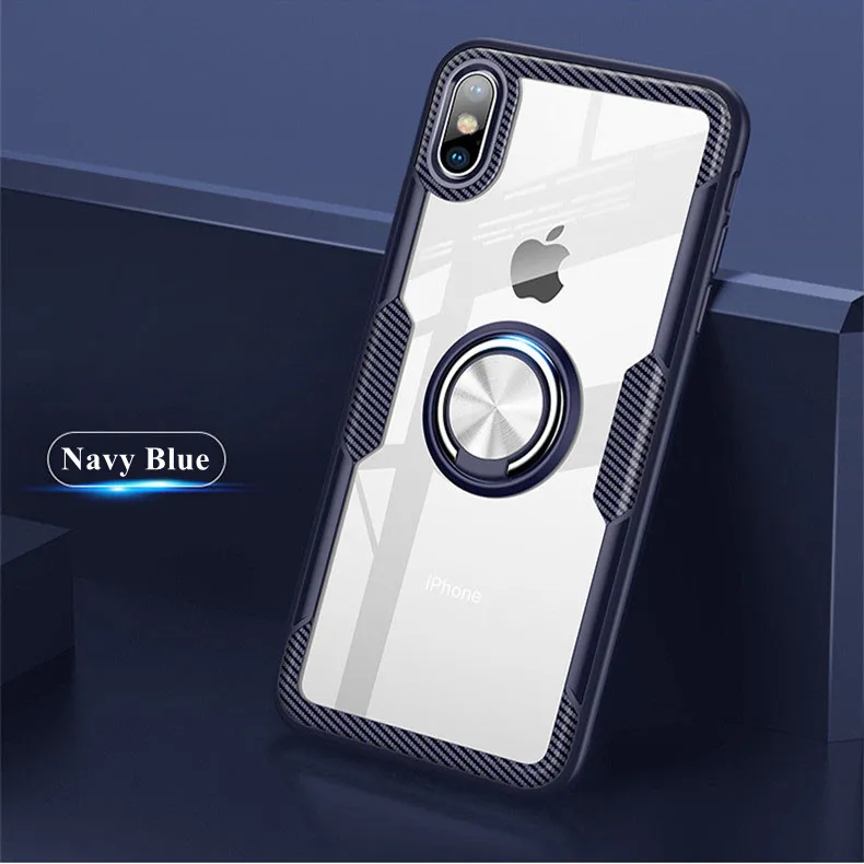 Navy Blue Роскошный прозрачный бронированный чехол для телефона iphone X XS MAX XR, прозрачный магнитный автомобильный держатель с кольцом, Жесткий Чехол из поликарбоната для iphone 8, 7, 6, 6S Plus - Цвет: Navy Blue