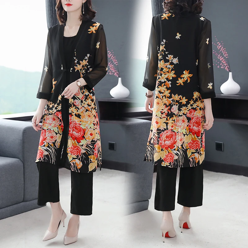 

Floral Print Three Piece Outfits Vintage Women 3 Piece Set Top And Pants Retro Ensemble Femme Deux Pieces Conjunto Feminino