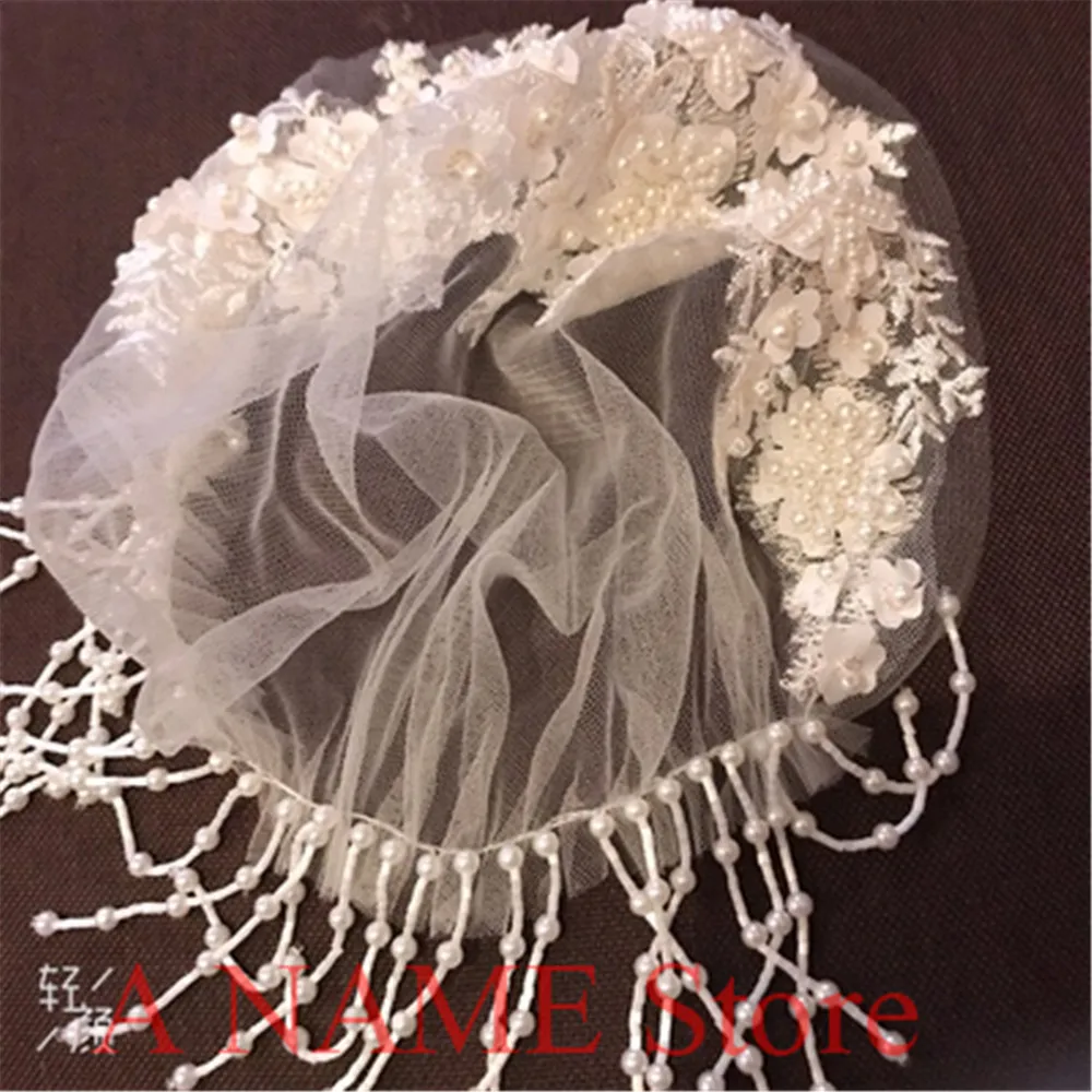 

Vintage Juliet bead and lace embellished Wedding Bridal Veils White Short Lux Tulle Floral Veils for brides Voile mariage blanc