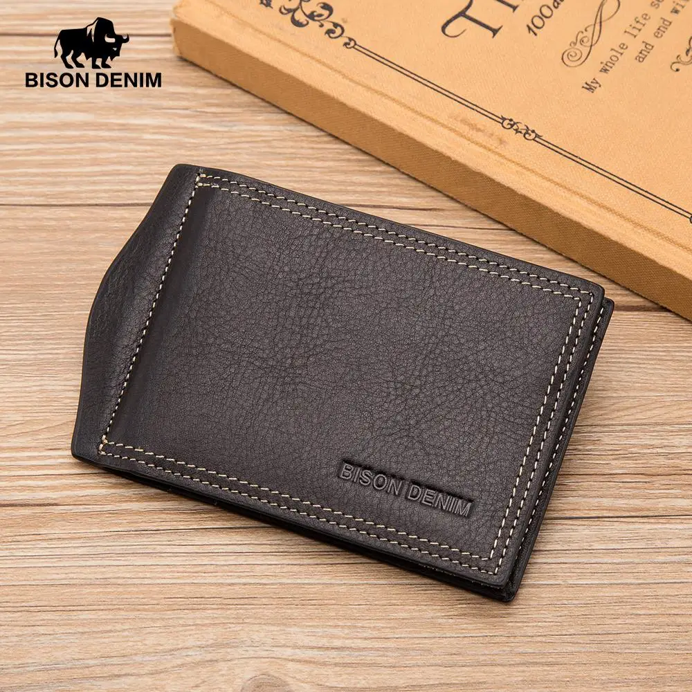 Мужской кошелек BISON DENIM из коровьей кожи, кошелек для денег на молнии, карман для монет, ID карт, натуральная кожа, мини кошелек для мужчин W9348