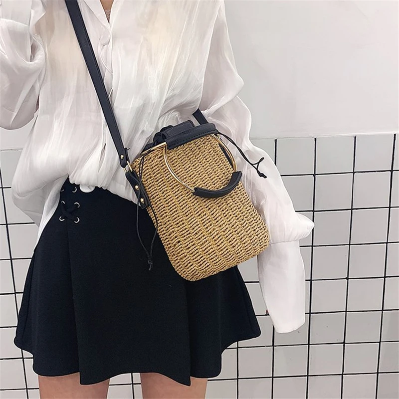 Соломенная Сумка-мешок на шнурке Женский мессенджер через плечо с