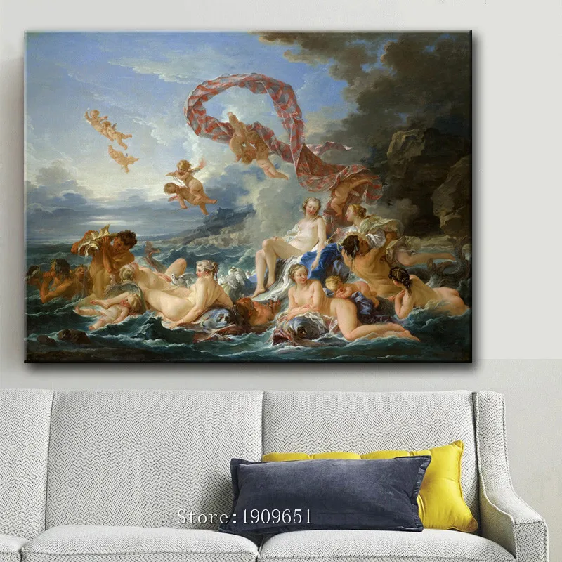 Холст с печатью классических религиозных фигур, обнаженным ангелом и морским пейзажем, напечатанный на хлопке, без рамы, для украшения стены.