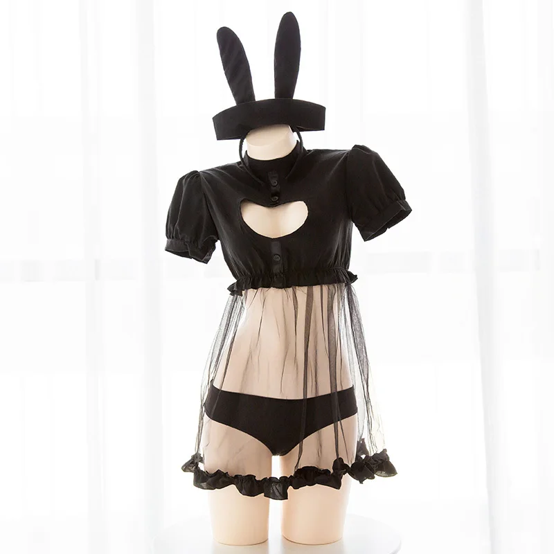 Kawaii Bunny Girl Heart Hollow Out Perspective Sexy Women Cosplay Cute Nurse's Uniform Set Whith Tail Lingerie Suit Black+white |