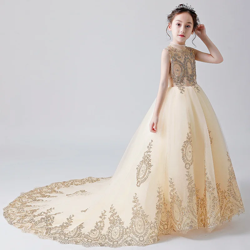 Gorgeous Chapel Train Junior Bridesmaid Girl Dress Children Gold Wire Celebration Birthday Evening Performance Show Party | Детская