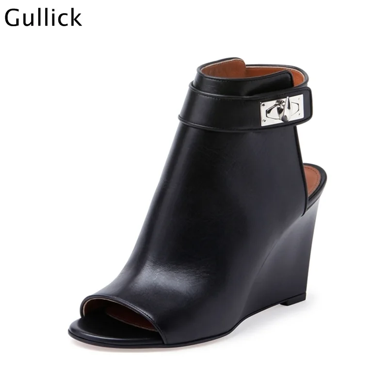 

Fashion Women Leather Summer Ankle Boots Sexy Peep Toe Slingback High Heels Wedges Solid Botas Short Booties Botines Mujer