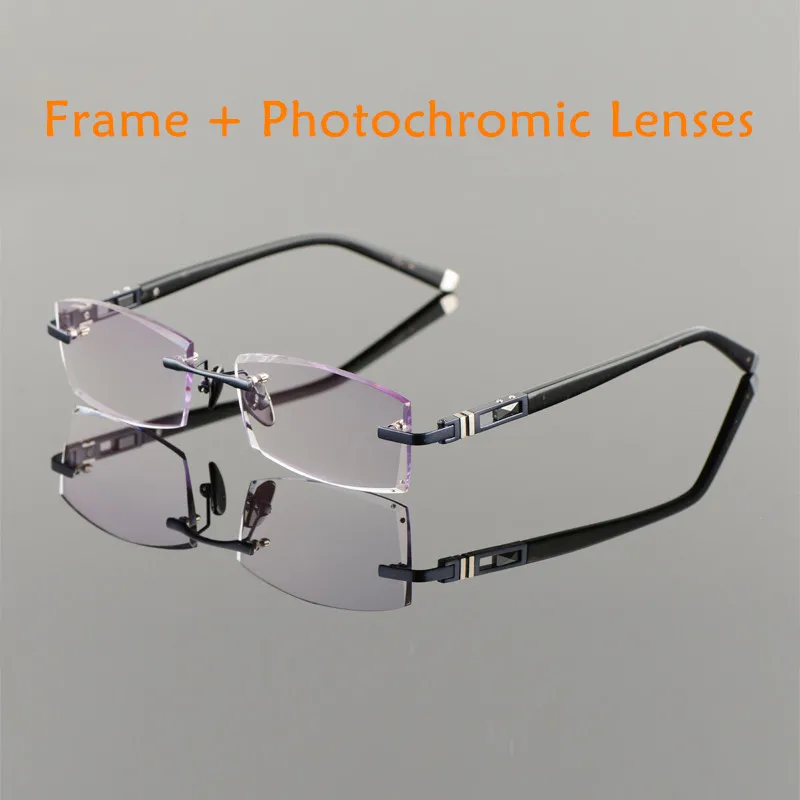 Navy Photochromic Титан сплава очки Для мужчин без оправы рецепту для чтения близорукости фотохромные С кристалалми и стразами очки без оправы Spectacle258105 - Цвет оправы: Navy Photochromic
