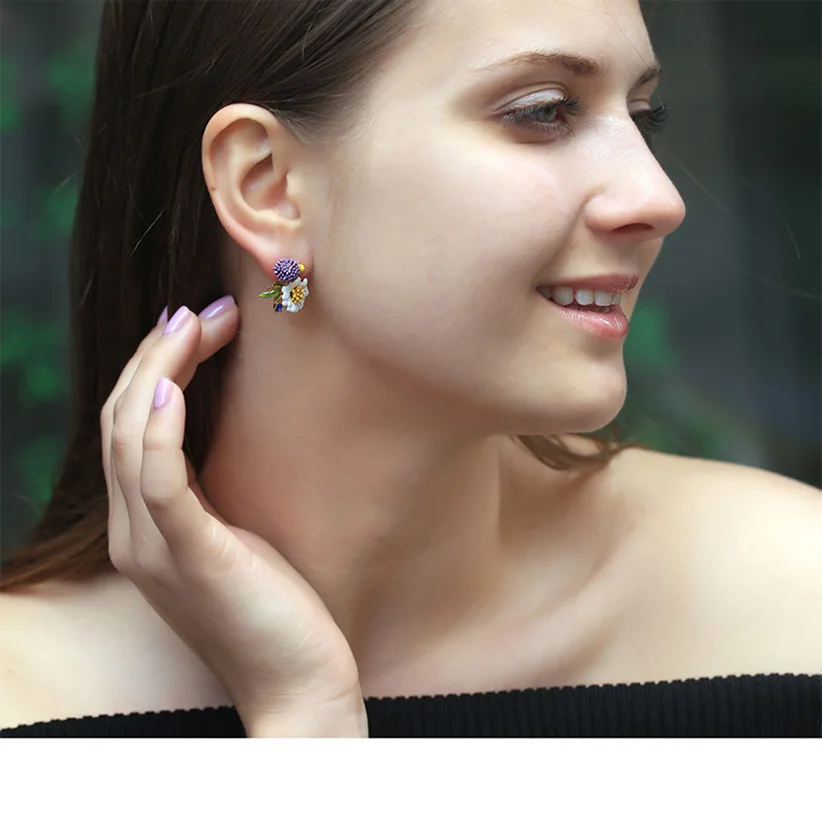 Juicy Grape New Pastoral Flower Series Handmade Enamel White Daisy Stud Earrings 925 Silver Needles Fashion Jewelry | Украшения и