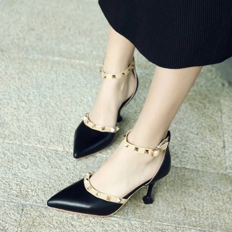 plus size 34-43 Summer High Heel Women's Sandals Fashion Rivets Buckle Strap Pointed Toe Sexy Heels Woman Party Pumps Footwear