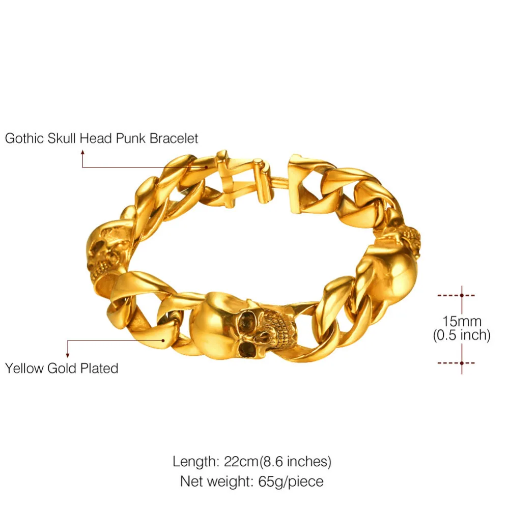 

Kpop Men Bracelets Gold/Silver/Black Color Fashion Jewelry 22cm Length Gothic Skull Head Punk Bracelet/Bangle Men Chain GH077