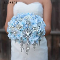 janevini luxury crystal blue wedding bouquet waterfall rhinestone pearls shiny bridal handmade silk orchid flower buque de noiva