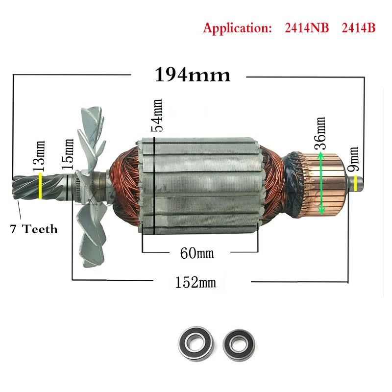 Rotor Bearing AC220-240V 7 зубьев приводной вал электрический молоток сталь режущая машина ротор 355 для Makita 2414NB 2414B 516563-1 516564-9 - Цвет: Rotor Bearing