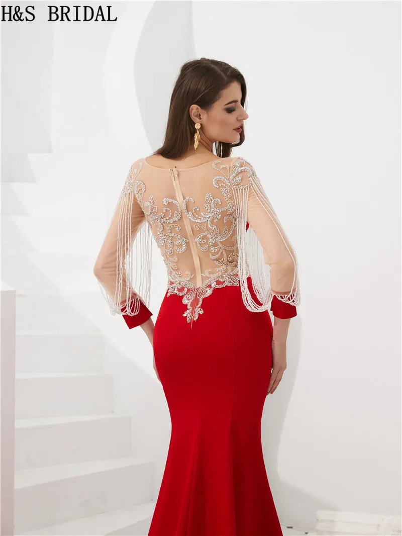 

H&S Bridal Evening Dresses Long Sleeve Red Mermaid Formal Dress for Women 2020 Crystals vestido de festa