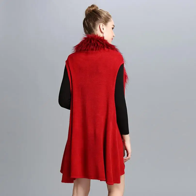 2019 Europe autumn winter Knitted vest women fashion Faux fox fur collar knit cardigan sleeveless Cardigan shawl coat w699 |