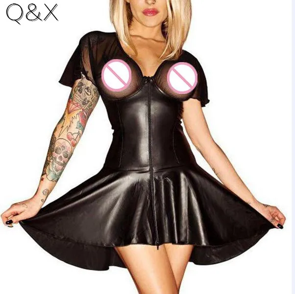 

XX55 2017 открытый бюстгальтер женское модное кожаное платье ТРАПЕЦИЕВИДНОЕ черное платье с v-образным вырезом повседневное мини платье с коро...