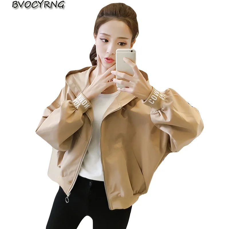 

Женская короткая куртка с капюшоном, осенне-Весенняя Элегантная куртка большого размера с рукавом летучая мышь в Корейском стиле, A0582, 2018