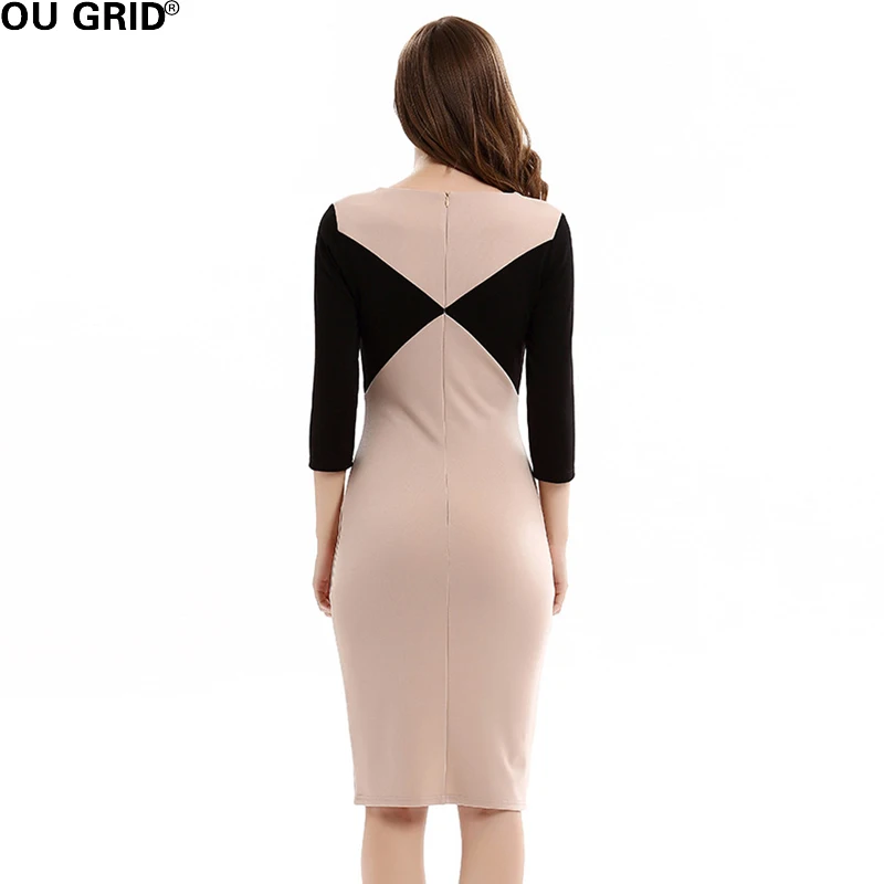 Для женщин офисные рабочие платье Лето 2017 г. Цвет блок патч работы три четверти