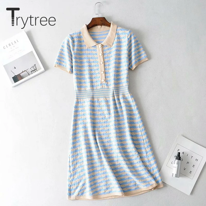 Trytree Summer Women Dress Casual Turn-down Collar Striped Shirt Dresses Elastic Knitting Office Lady A-line Knee-Length | Женская