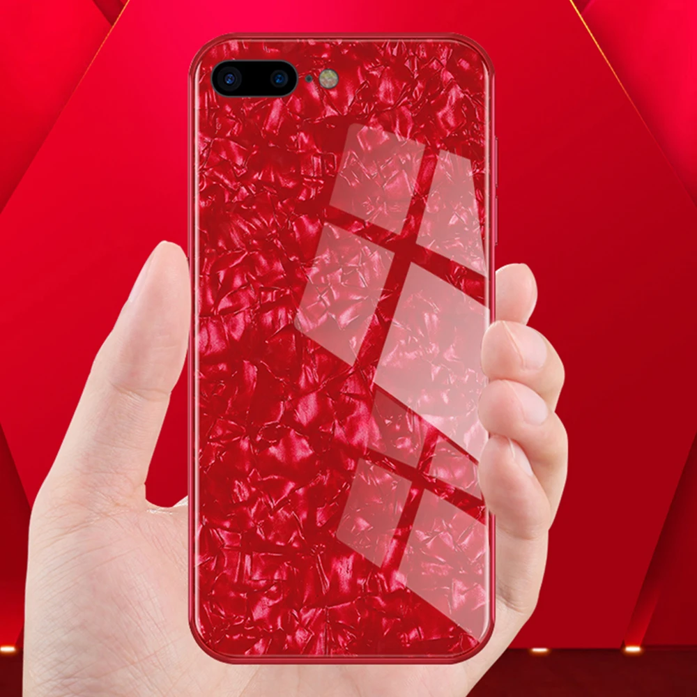 Glossy Shell Marble Back Cover For Apple iPhone 6 6S 7 8 Plus X XR XS MAX Bling Conch Tempered Glass Case |