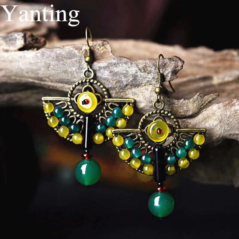 Yanting этнические серьги натуральные красочные серьги с камнем модные ювелирные изделия винтажные павлиньи перья серьги ручной работы для женщин 005
