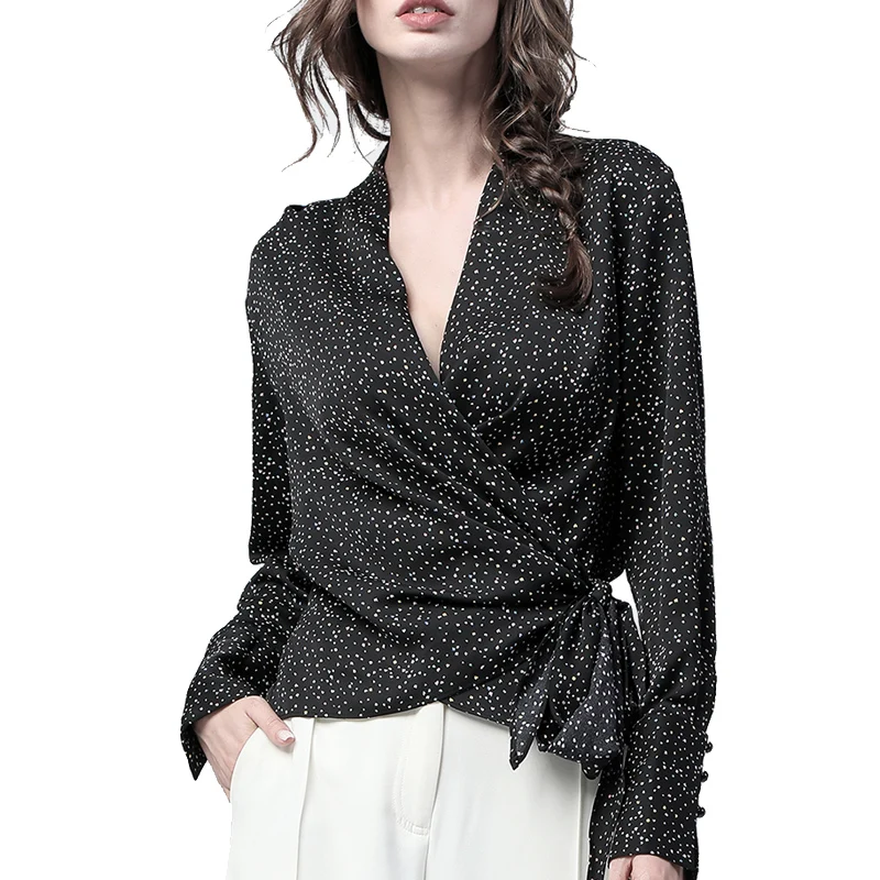 

Polka Dots Black Women Satin Blouse Long Sleeve Plus Size V-Neck Autumn Top Cardigan Elegant Sexy Ladies Office Casual Blouses