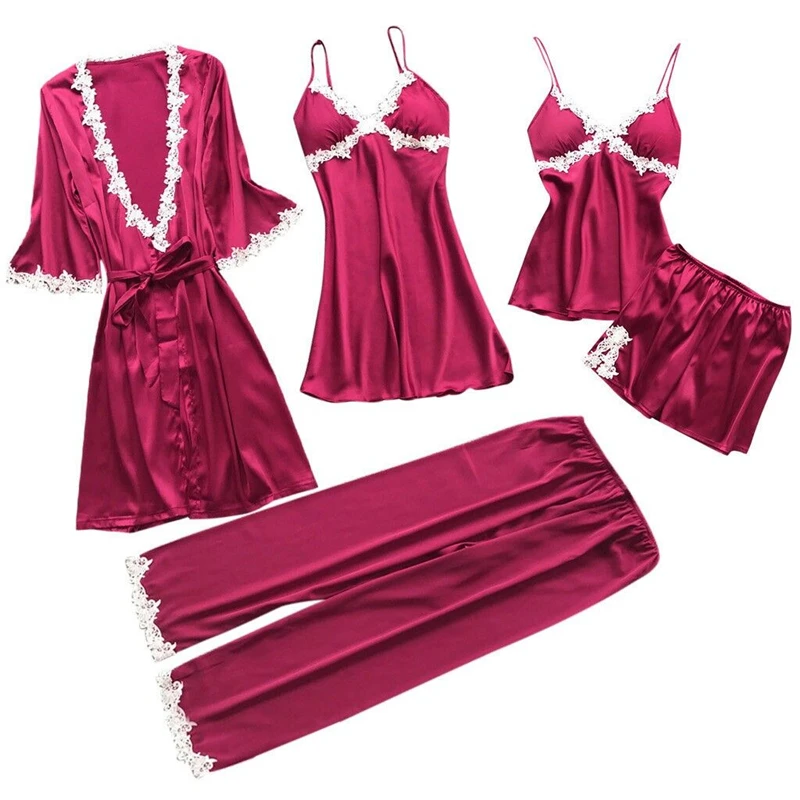 Hot Pink Женские пижамы, сексуальное кружевное белье, ночное белье, нижнее белье, ночная рубашка, пижама, 5 шт., пижамные комплекты для женщин, пижама Mujer - Цвет: Hot Pink