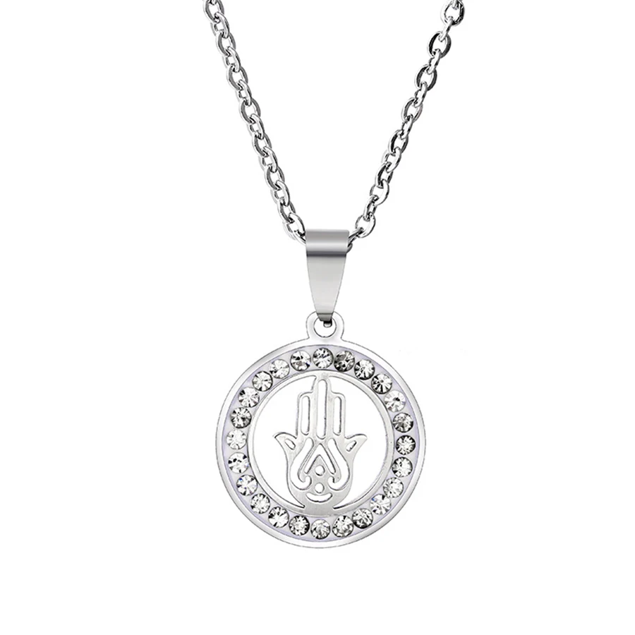 HOBBORN Trendy Hand of Fatima Amulet Women Necklace Stainless Steel Full Crystal Link Chain Fashion Men Pendants &amp Necklaces | Украшения